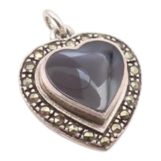925 Sterling Silver  Vintage Black Onyx & Marcasite Love Heart Pendant PT13523