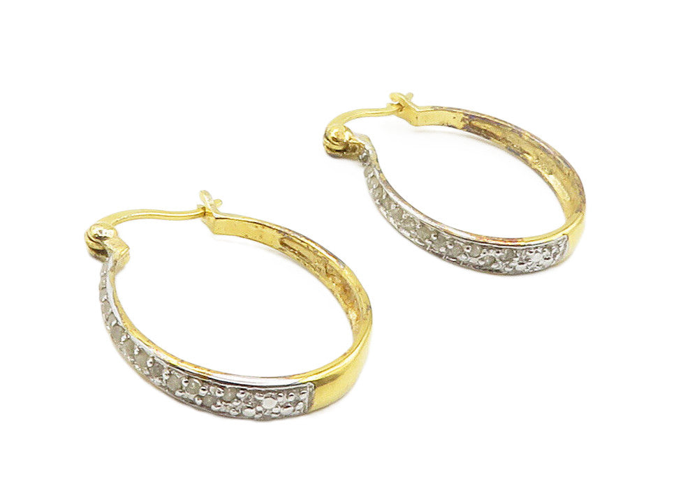 925 Sterling Silver  Genuine Diamonds Gold Plated Shiny Hoop Earrings  EG7772