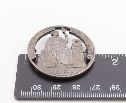 925 Sterling Silver  Vintage Dark Tone Peruvian Coin Brooch Pin  BP8526