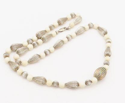 DOBBS 925 Sterling Silver  Vintage Carved & White Beaded Long Necklace  NE4182