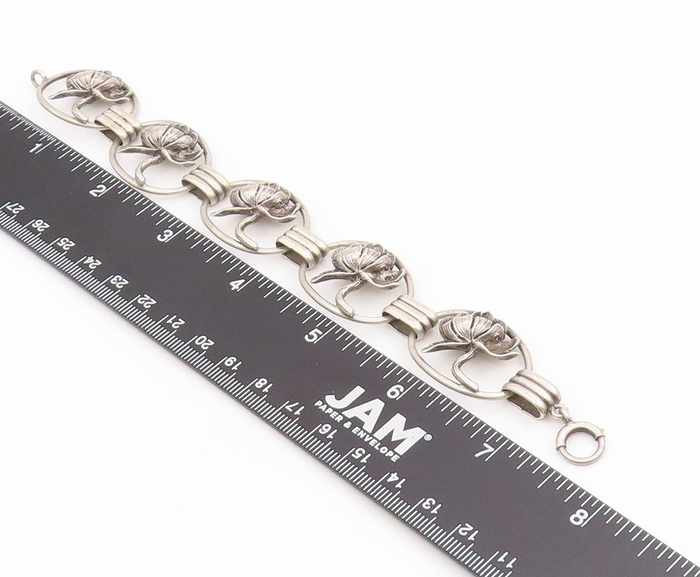 925 Sterling Silver Vintage Bracelet Carved Lotus Botanical Floral Link  BT11669