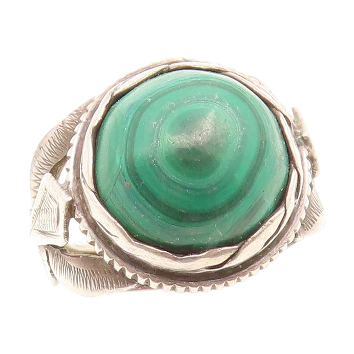 925 Sterling Silver Vintage Ring Cabochon Malachite Feather Motif  Sz 5  RG35172
