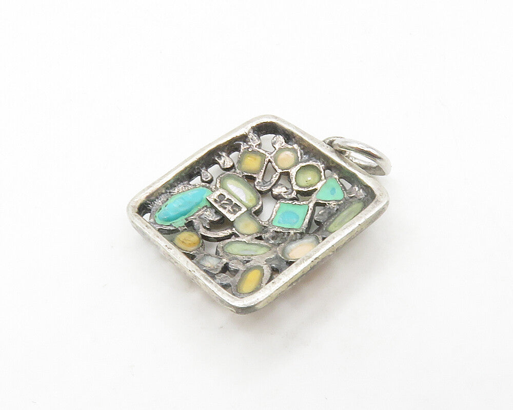 925 Sterling Silver Vintage Turquoise Mother Of Pearl & Jasper Pendant PT13558