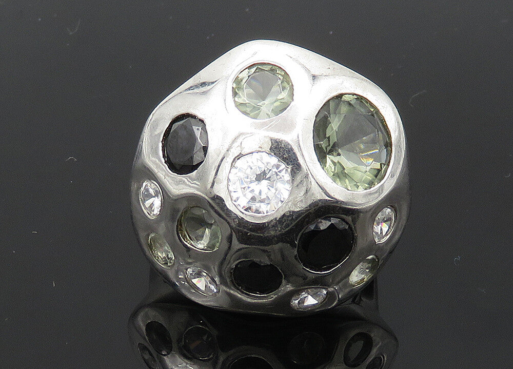 925 Silver  Vintage Cubic Zirconia & Hematite Adjustable Ring Sz 7.5  RG21393