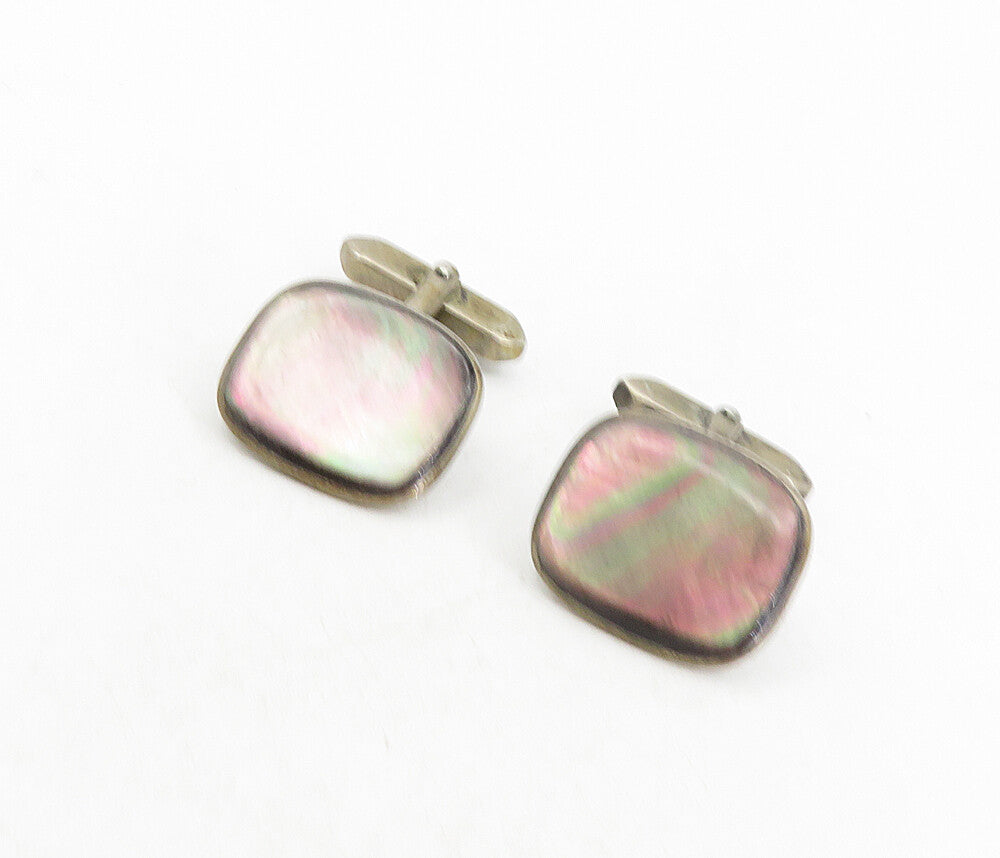 925 Sterling Silver  Vintage Abalone Shell Rounded Square Cuff Links  TR1459