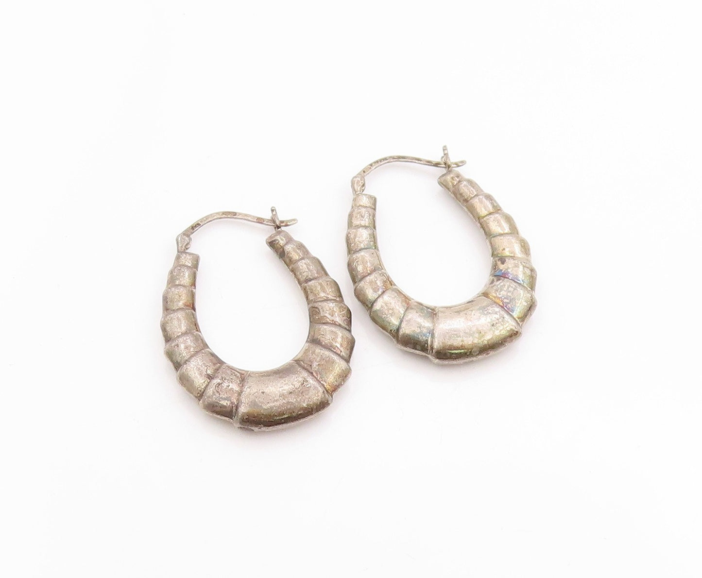 925 Sterling Silver Vintage Earrings Solid Ribbed Statement Design Hoops EG13689