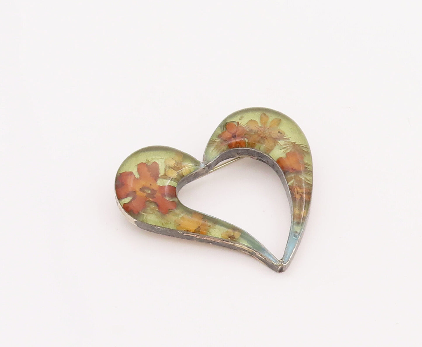 925 Sterling Silver Vintage Brooch Pin Designer Heart With Dried Flowers BP11027