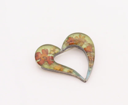 925 Sterling Silver Vintage Brooch Pin Designer Heart With Dried Flowers BP11027