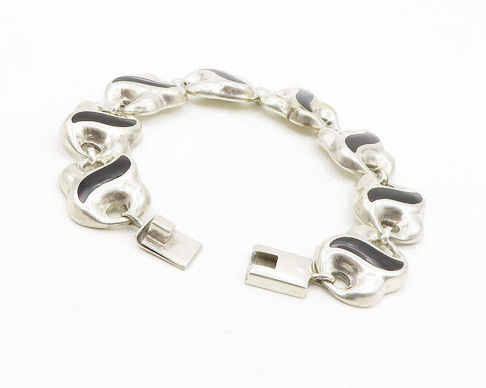 MEXICO 925 Sterling Silver Vintage Black Onyx Shiny Chain Bracelet BT5130