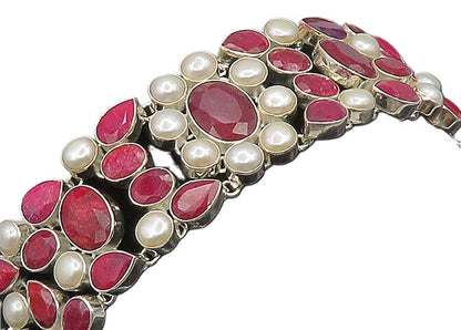 925 Sterling Silver  Freshwater Pearls & Tear Drop Ruby Chain Bracelet  BT7652