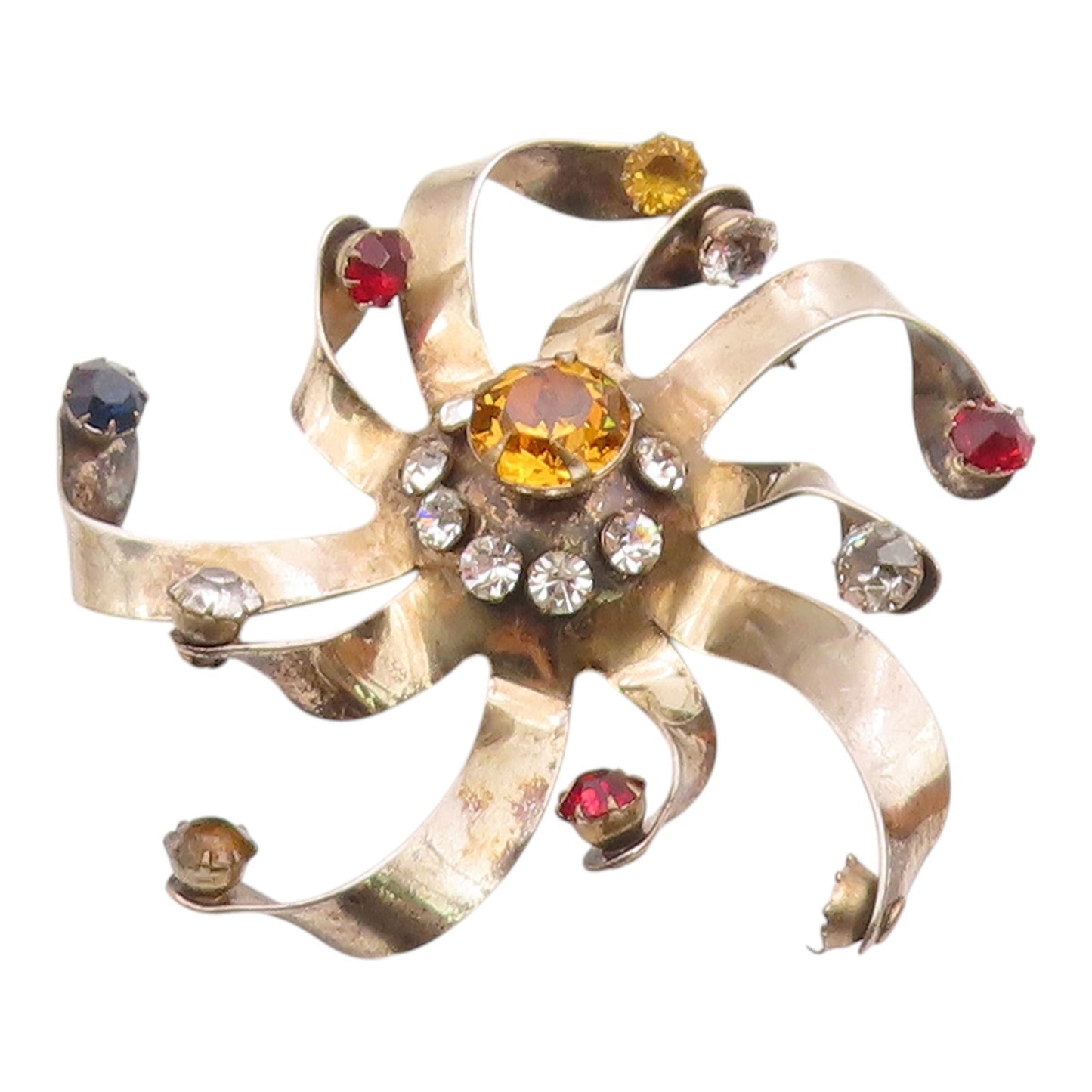 925 Silver  Vintage Citrine & Cubic Zirconia Floral Ribbon Brooch Pin  BP5150