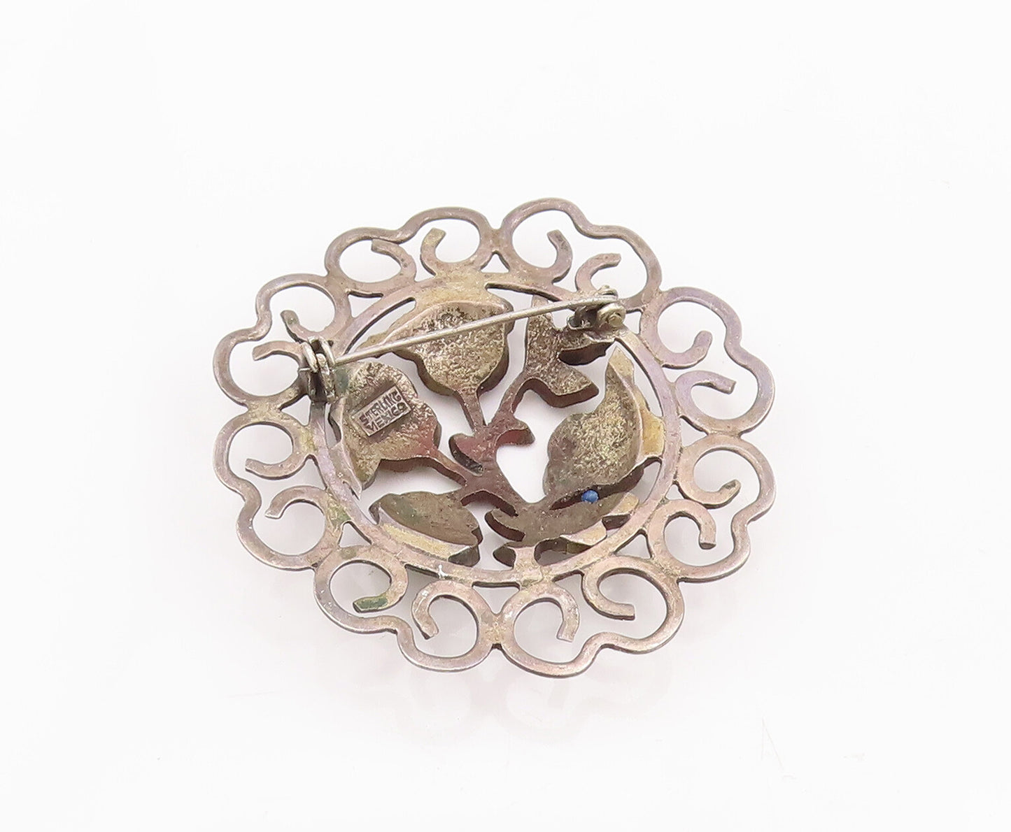 925 Sterling Silver Vintage Brooch Pin MEXICO Antique Turquoise Flower  BP10954