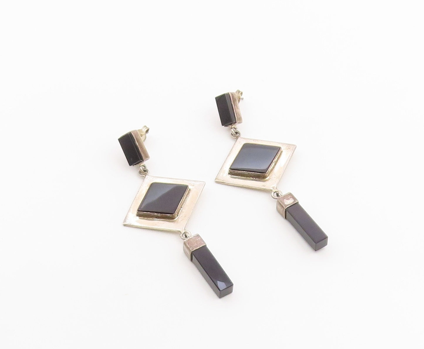 925 Sterling Silver Vintage Earrings MEXICO Black Onyx Geometric Dangle  EG14441