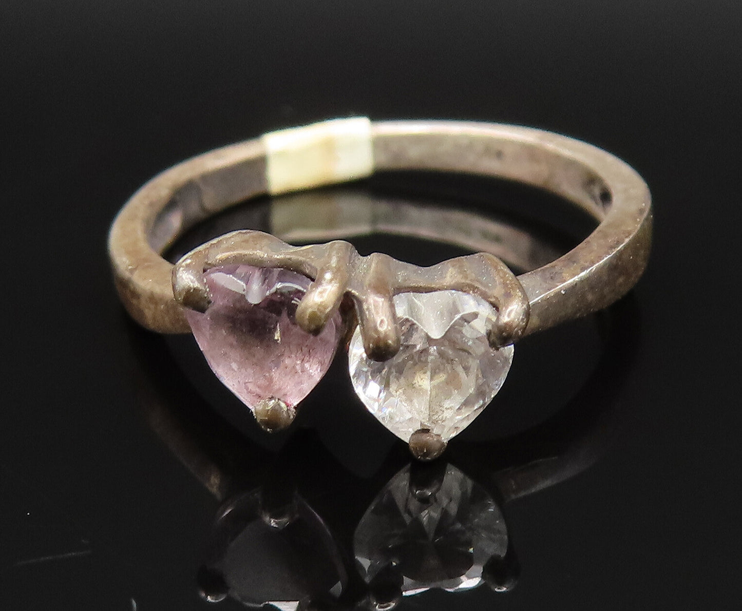 925 Sterling Silver Vintage Oxidized Double Topaz Love Heart Ring Sz 6 RG25382