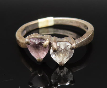 925 Sterling Silver Vintage Oxidized Double Topaz Love Heart Ring Sz 6 RG25382