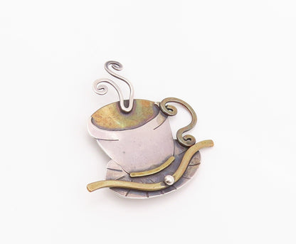 925 Sterling Silver Vintage Brooch GARDELLA Steaming Hot Coffee Cup  BP11663