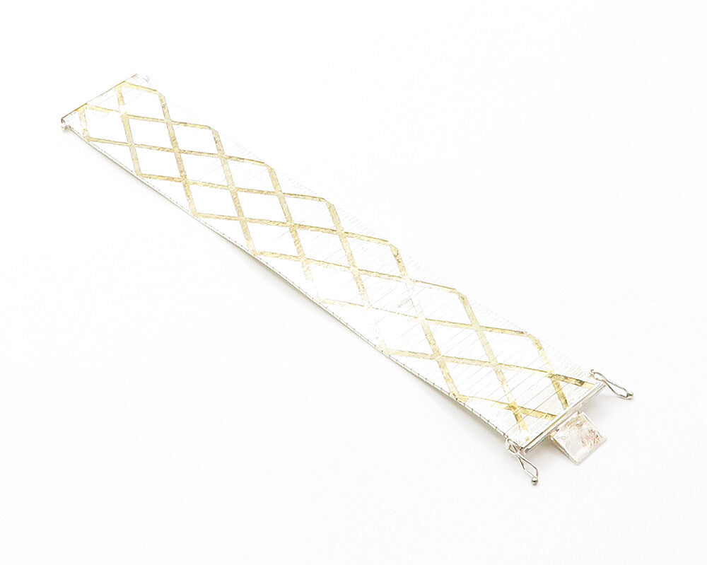 925 Sterling Silver  Shiny 2 Tone Diamond Shape Pattern Chain Bracelet  BT5583