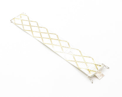 925 Sterling Silver  Shiny 2 Tone Diamond Shape Pattern Chain Bracelet  BT5583