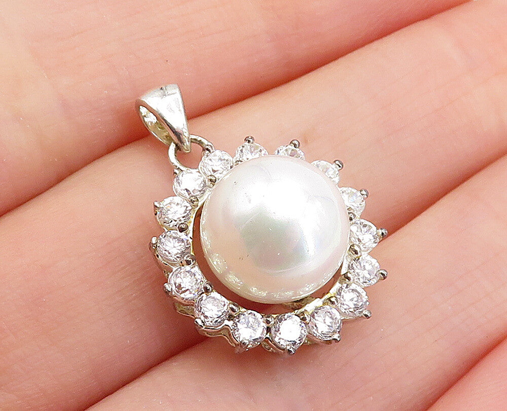 925 Sterling Silver  Freshwater Pearl & Cubic Zirconia Drop Pendant  PT3309