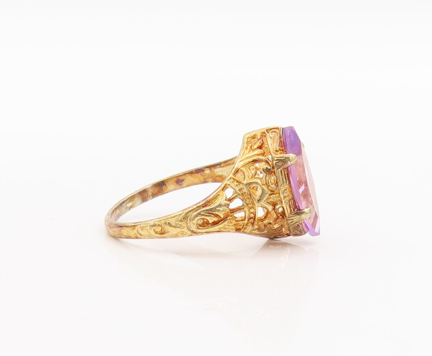 925 Sterling Silver Vintage Ring Gold Plated Amethyst Carved  Sz 8.5  RG29243