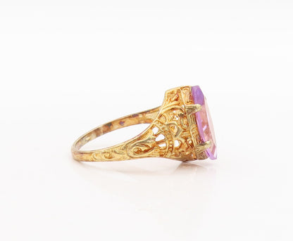925 Sterling Silver Vintage Ring Gold Plated Amethyst Carved  Sz 8.5  RG29243