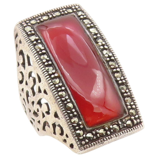925 Sterling Silver Vintage Ring Carnelian & Marcasite Band  Sz 5.5  RG36475