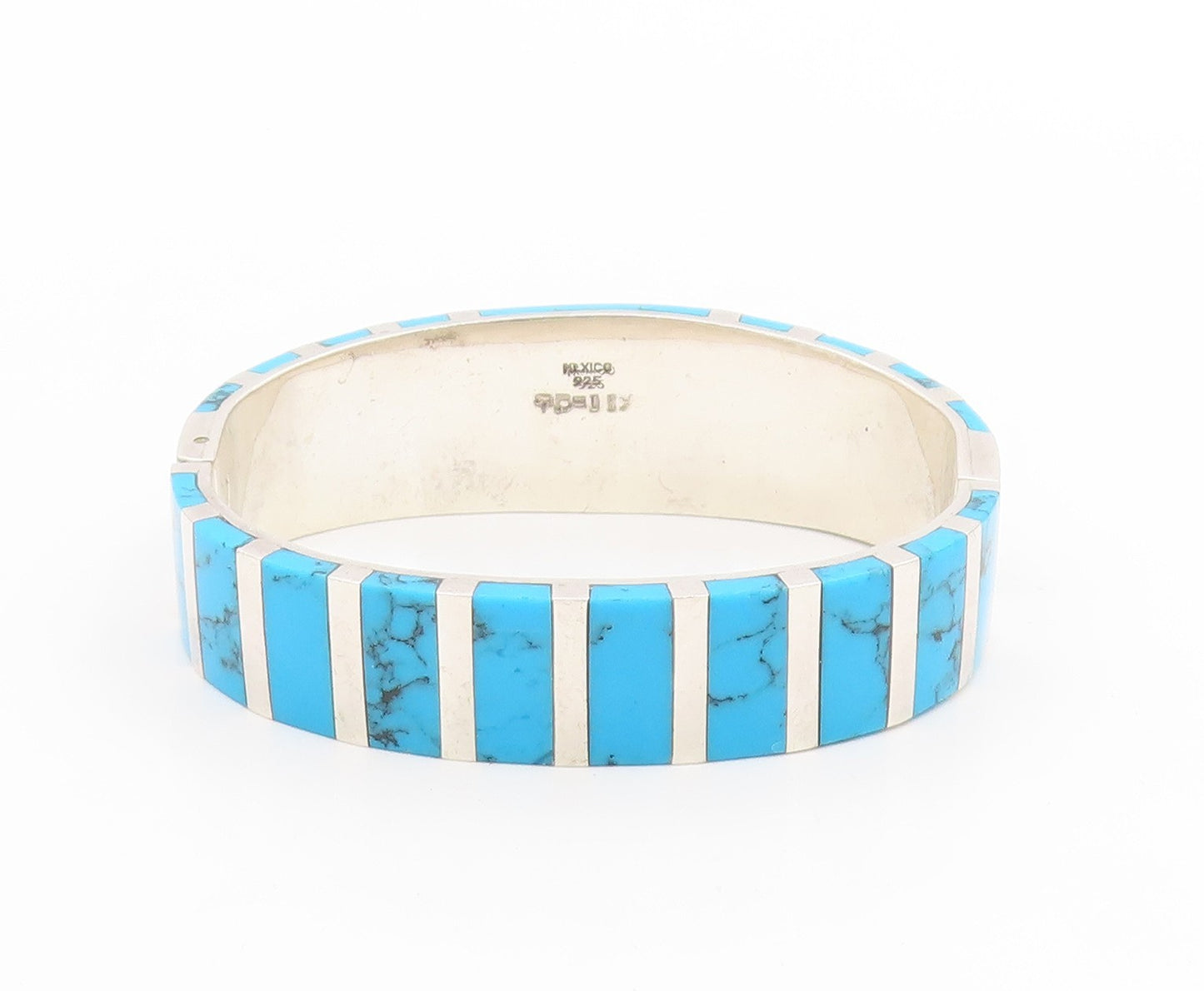 925 Sterling Silver Vintage Bracelet MEXICO Turquoise Inlay Bangle  BT11775