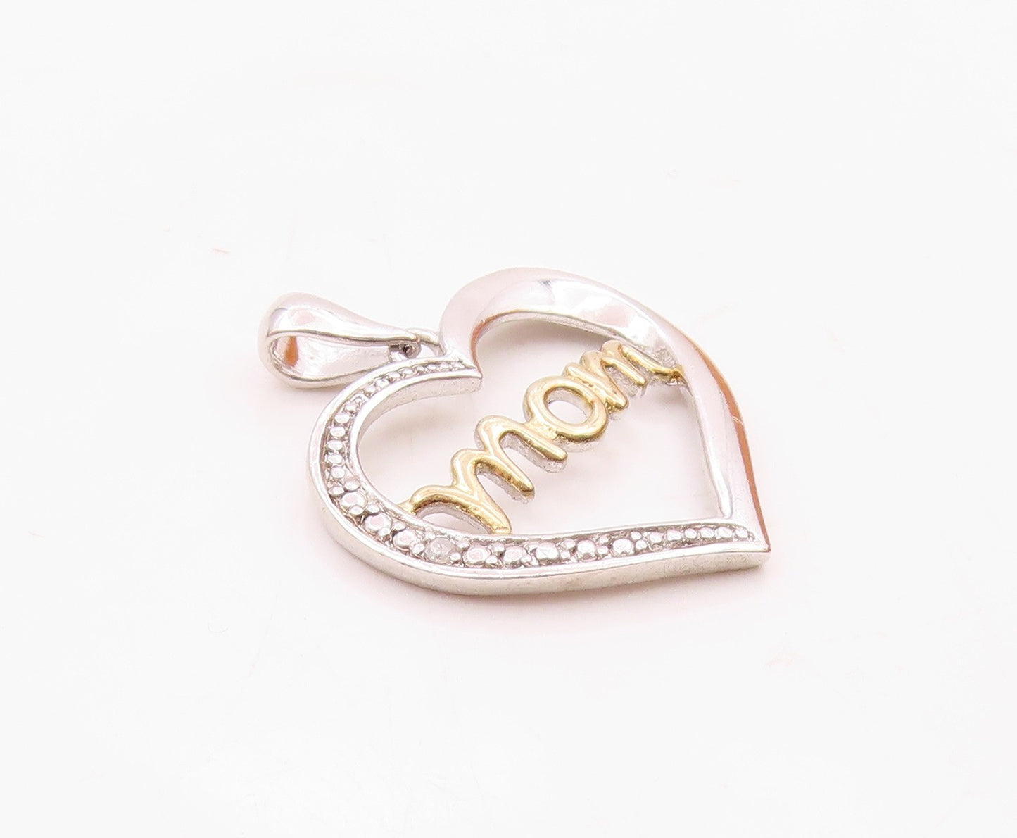 925 Silver  Vintage Genuine Diamond Two Tone MOM Love Heart Pendant  PT20704