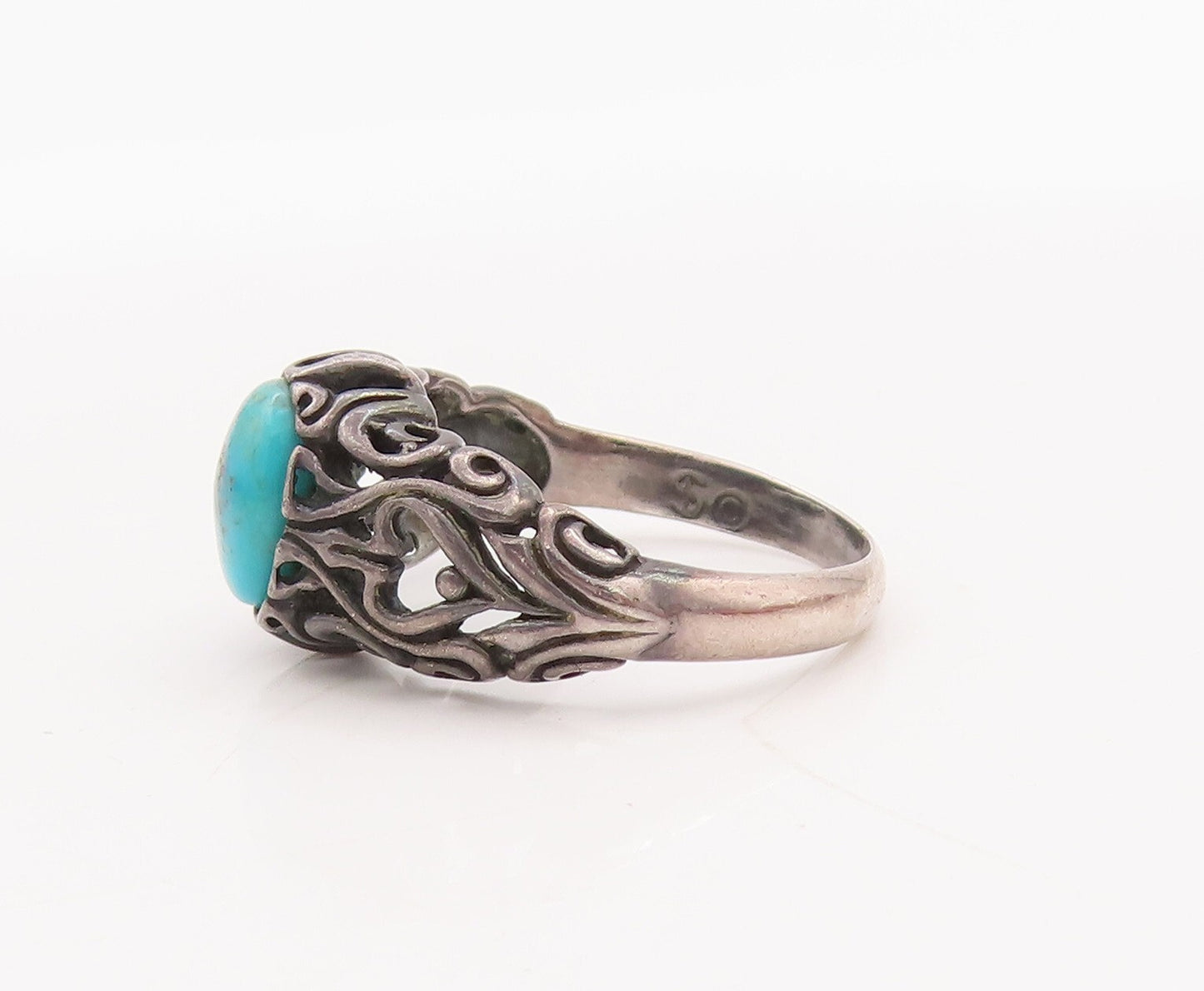 925 Sterling Silver Vintage Ring Swirly Carved Oval Turquoise  Sz 6  RG29064
