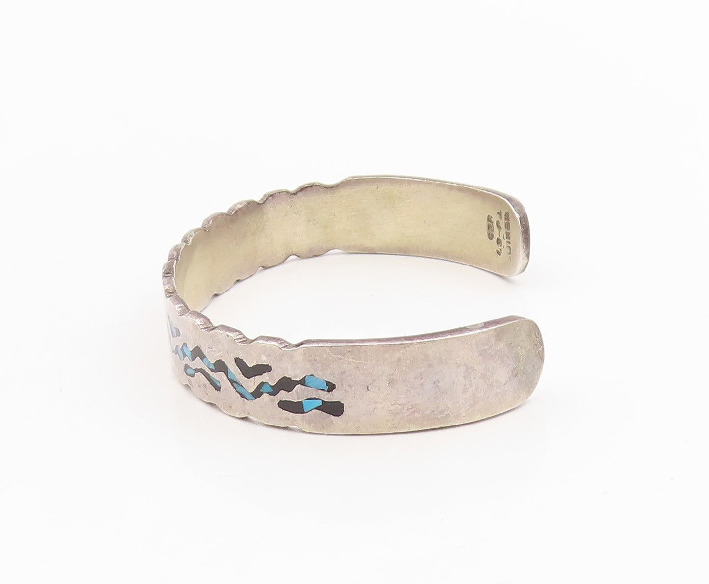 925 Sterling Silver Vintage Bracelet Crushed Turquoise Inlay Zigzag Cuff BT11602