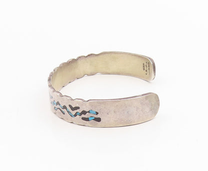 925 Sterling Silver Vintage Bracelet Crushed Turquoise Inlay Zigzag Cuff BT11602