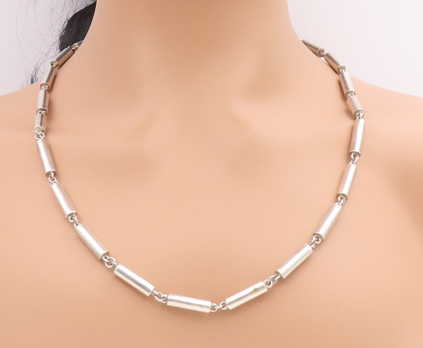 925 Sterling Silver Vintage Necklace Minimalist Geometric Cylinder Link   NE4725