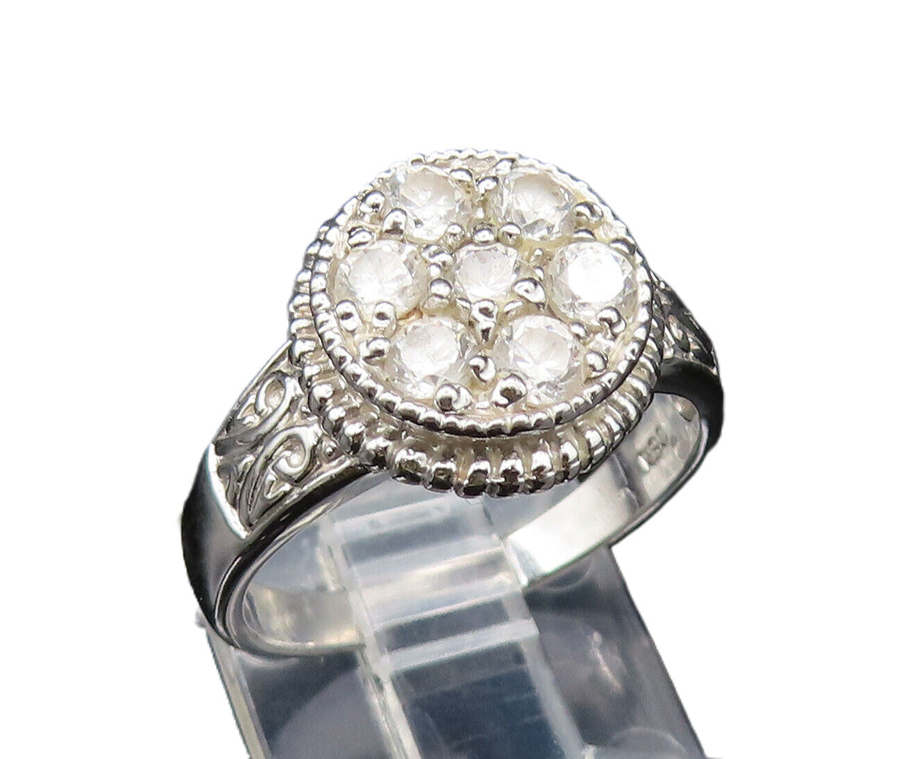 925 Silver  Vintage Rope Border Floral Cubic Zirconia Ring Sz 7  RG25562