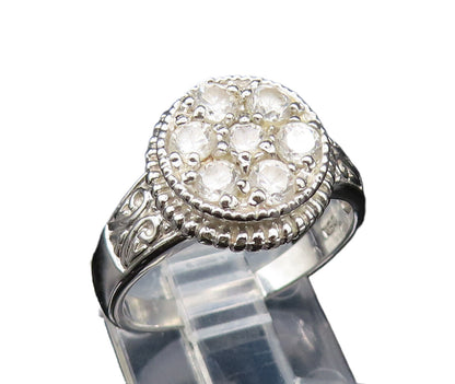 925 Silver  Vintage Rope Border Floral Cubic Zirconia Ring Sz 7  RG25562