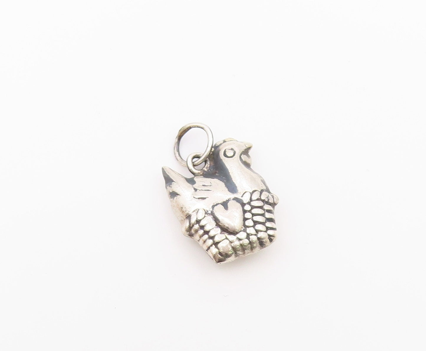 925 Sterling Silver  Vintage Hollow Dove Bird In Love Basket Pendant  PT21268