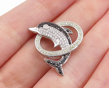 925 Sterling Silver  Topaz & Black Hematite Leaping Dolphin Pendant  PT5073