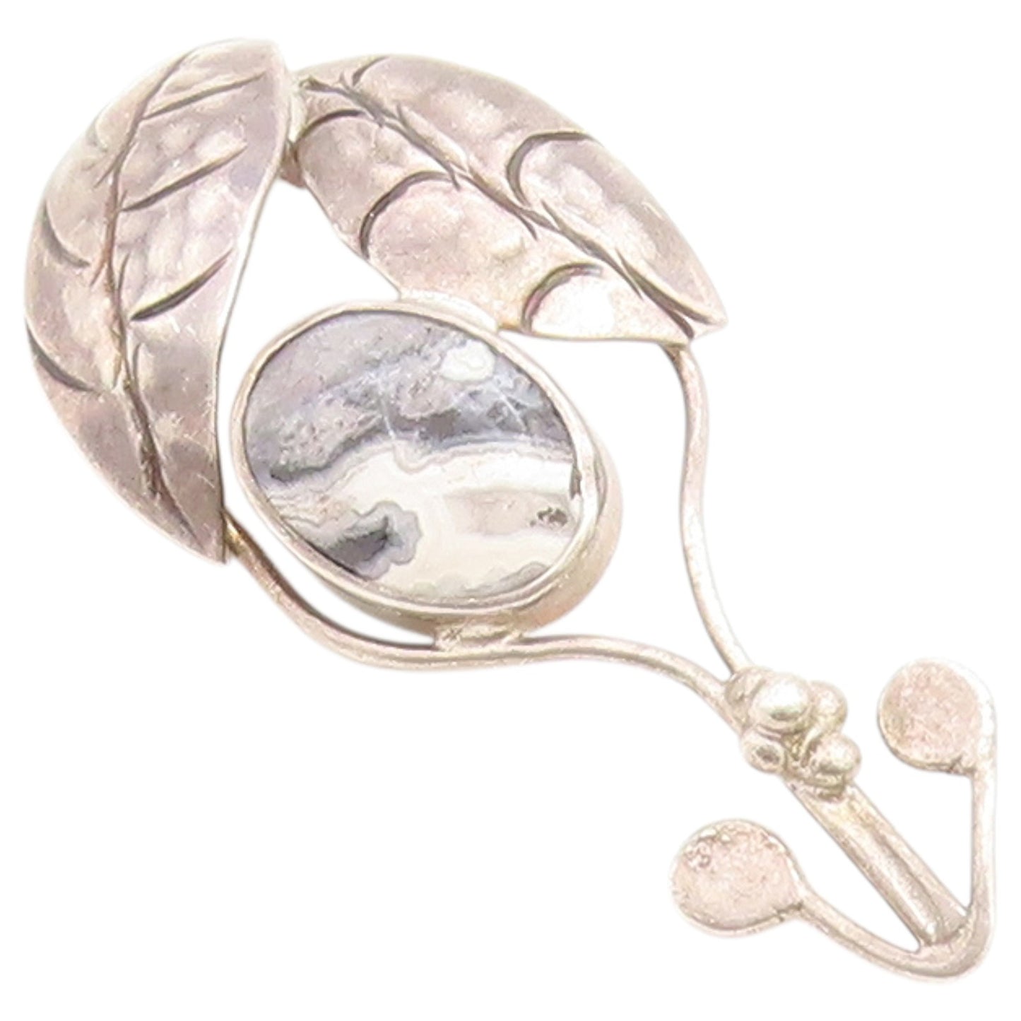 925 Sterling Silver Vintage Pendant Modernist Agate Etched Autumn Leaf  PT26538