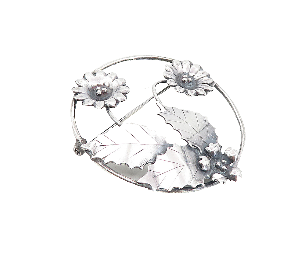 925 Sterling Silver  Vintage Shiny Oxidized Sun Flowers Brooch Pin  BP3072