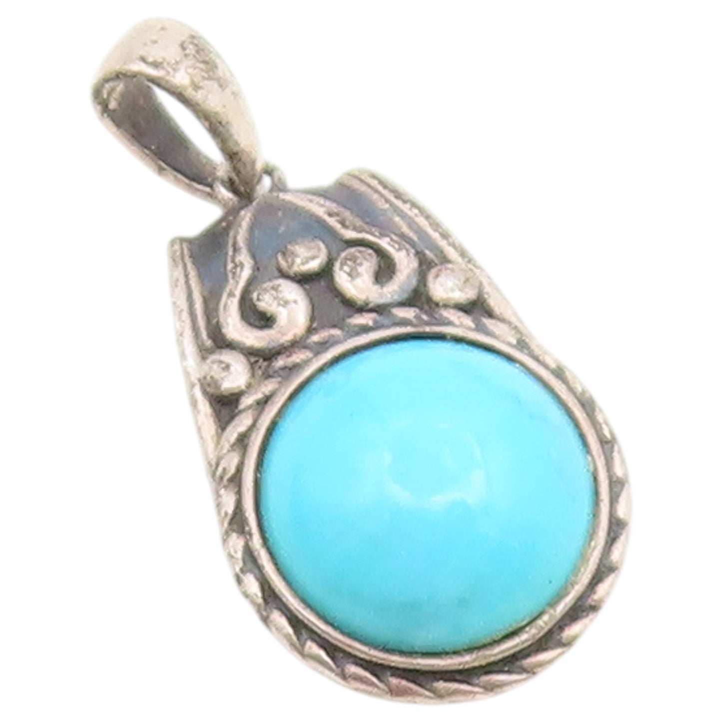 925 Sterling Silver Vintage Pendant Cabochon Turquoise Scrollwork Charm  PT26546