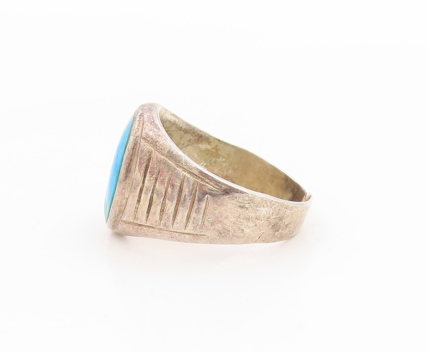 925 Sterling Silver Vintage Ring Cabochon Turquoise Statement Band Sz 7 RG33989