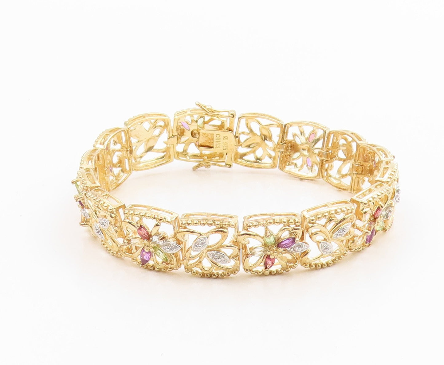 925 Sterling Silver Vintage Bracelet Gold Plated Gemstone Floral Link  BT12076