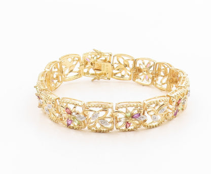 925 Sterling Silver Vintage Bracelet Gold Plated Gemstone Floral Link  BT12076
