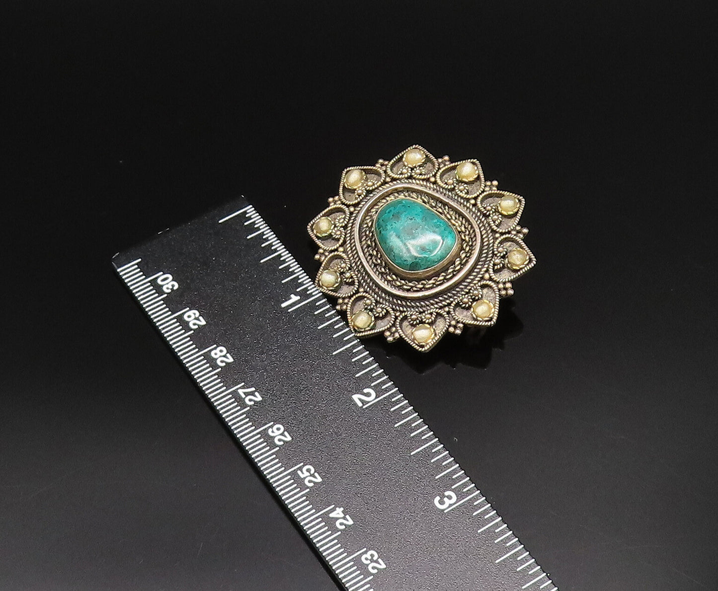ISRAEL 925 Silver  Vintage Beaded & Twisted Rope Chrysocolla Brooch Pin BP9933