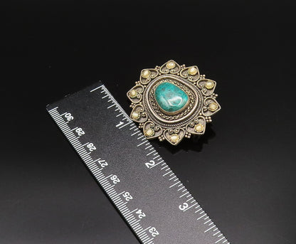 ISRAEL 925 Silver  Vintage Beaded & Twisted Rope Chrysocolla Brooch Pin BP9933