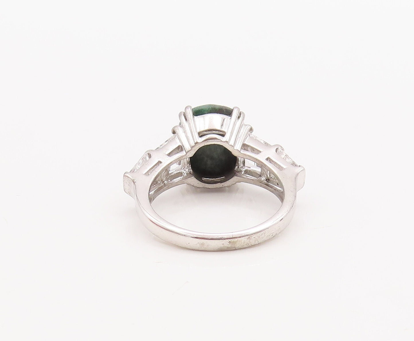 925 Sterling Silver Vintage Ring Green Oval Cut Gemstone & CZ  Sz 7  RG29500