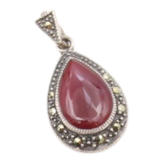 925 Sterling Silver  Vintage Carnelian & Marcasite Tear Drop Pendant  PT17846