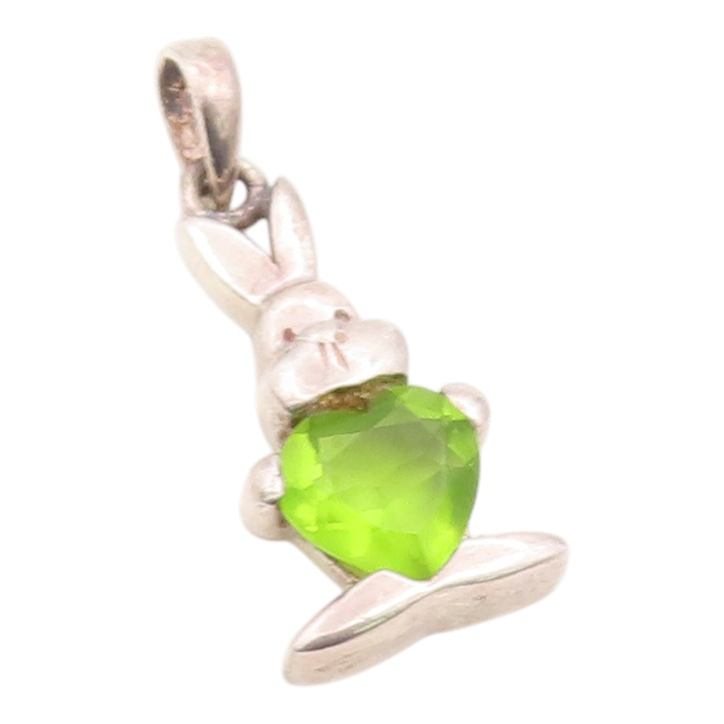 925 Sterling Silver Vintage Pendant Heart Shaped Peridot Bunny Charm  PT26186