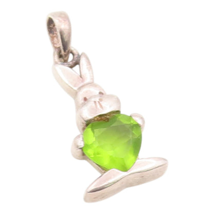925 Sterling Silver Vintage Pendant Heart Shaped Peridot Bunny Charm  PT26186