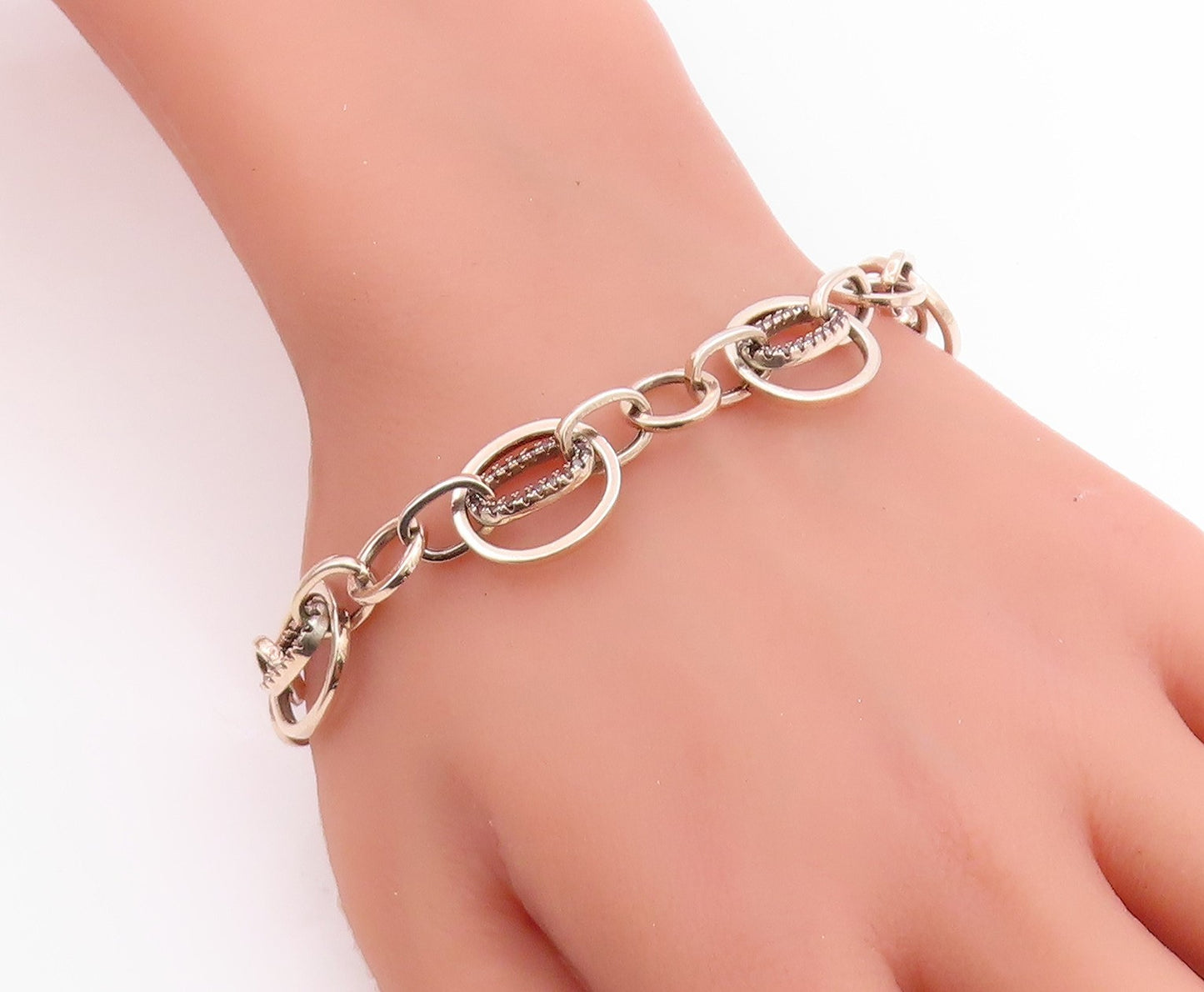 925 Sterling Silver Vintage Bracelet Modernist CZ Geometric Oval Link  BT12087