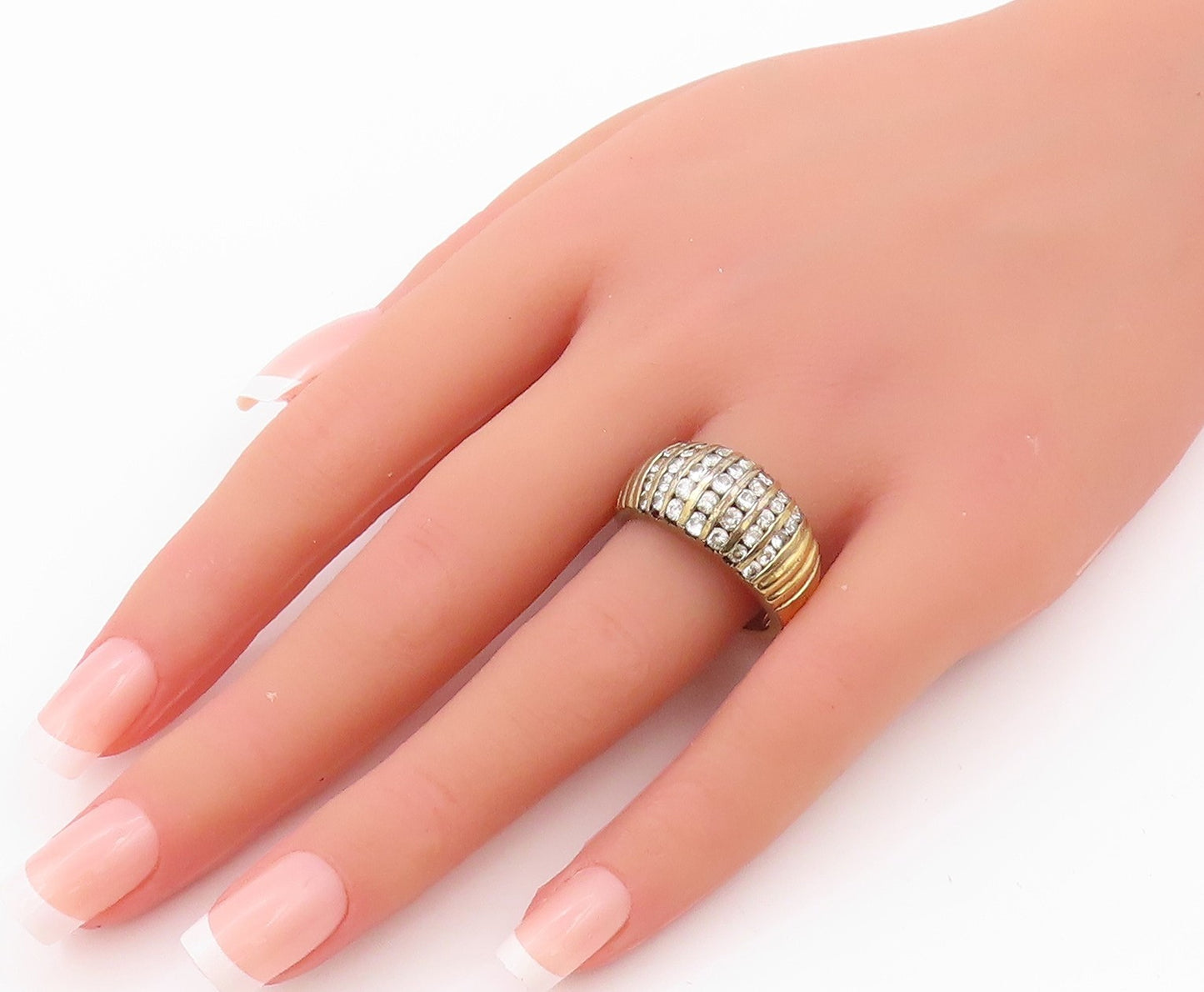 925 Sterling Silver Vintage Ring Gold Plated Grooved Topaz bands  Sz 9  RG32394